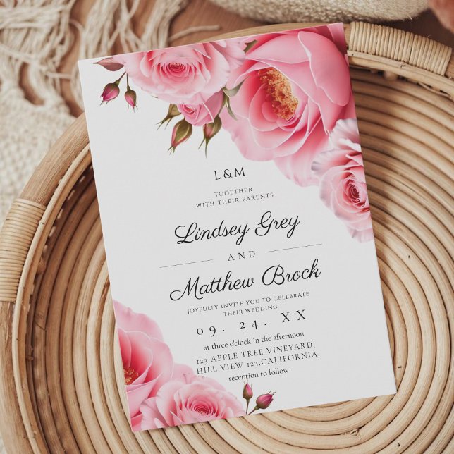 Roses Blush Pink Modern Florals Wedding Invitation (Creator Uploaded)