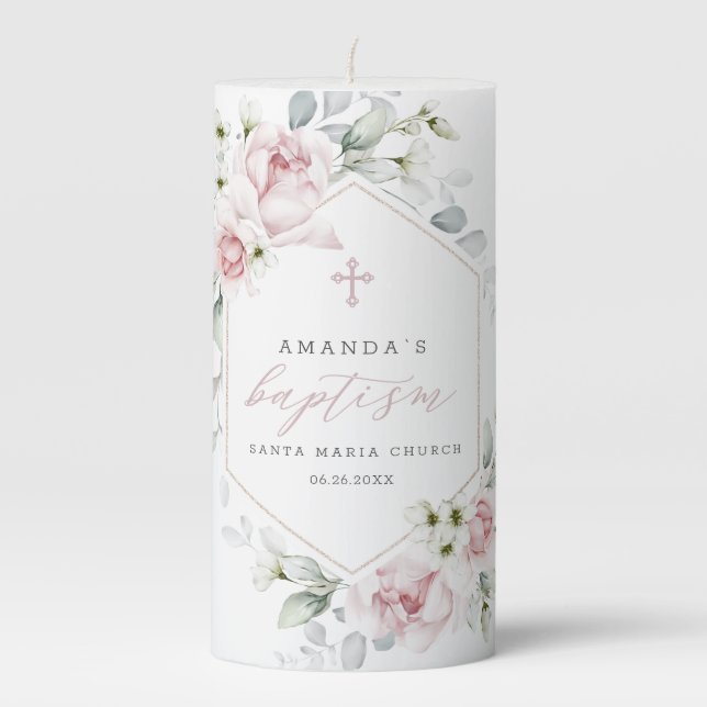  Roses Blush Pink Spring Baptism Pillar Candle (Front)