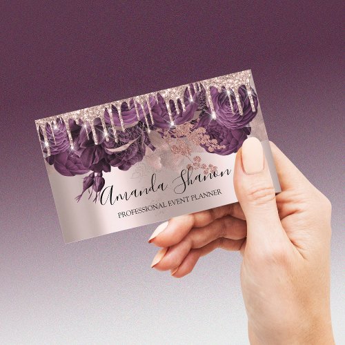 Roses Blush Purple Glitter Drip Logo Event Planner Business Card