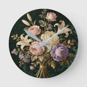 Roses Bouquet Antique Style Tapestry Round Clock