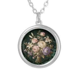 Roses Bouquet Antique Style Tapestry Silver Plated Necklace