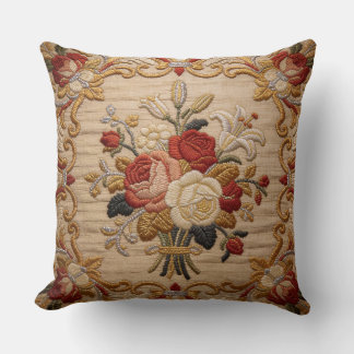 Roses Bouquet French Aubusson Style Throw Pillow