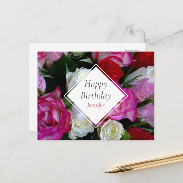 Roses Bouquet Happy Birthday Postcard (Front/Back In Situ)