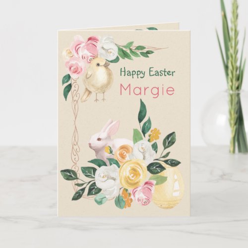 Roses Bunny and Golden Egg Personalized Easter Card