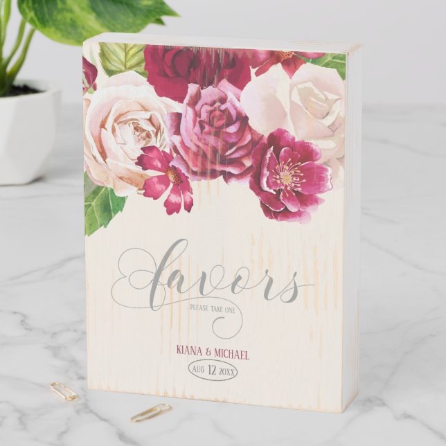 Roses Burgundy/Cream Favors ID584 Wooden Box Sign (In Situ Vertical)