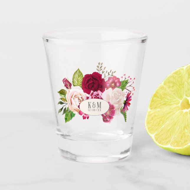 Roses Burgundy/Cream Wedding ID584 Shot Glass (Front)