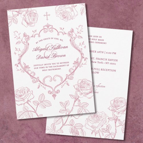 Roses Burgundy Crest Catholic Wedding Invitation