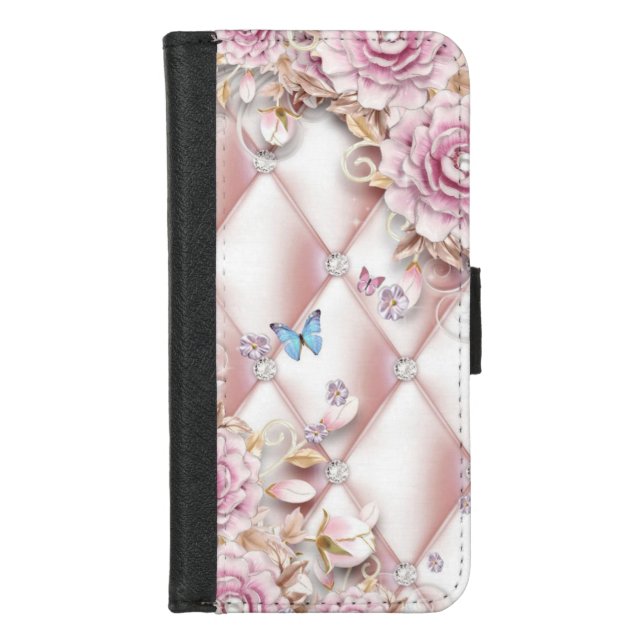 Roses,butterflies and pink diamond bulletin board iPhone wallet case (Front)