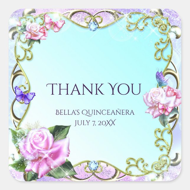 Roses & Butterflies Birthday Party Favor Square Sticker (Front)