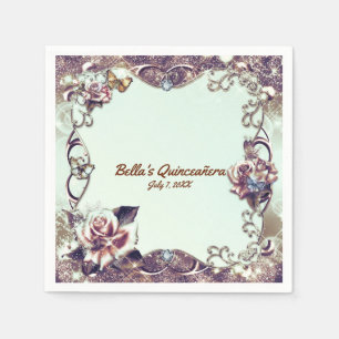 Roses & Butterflies Bronze Quinceañera Party Paper Napkins