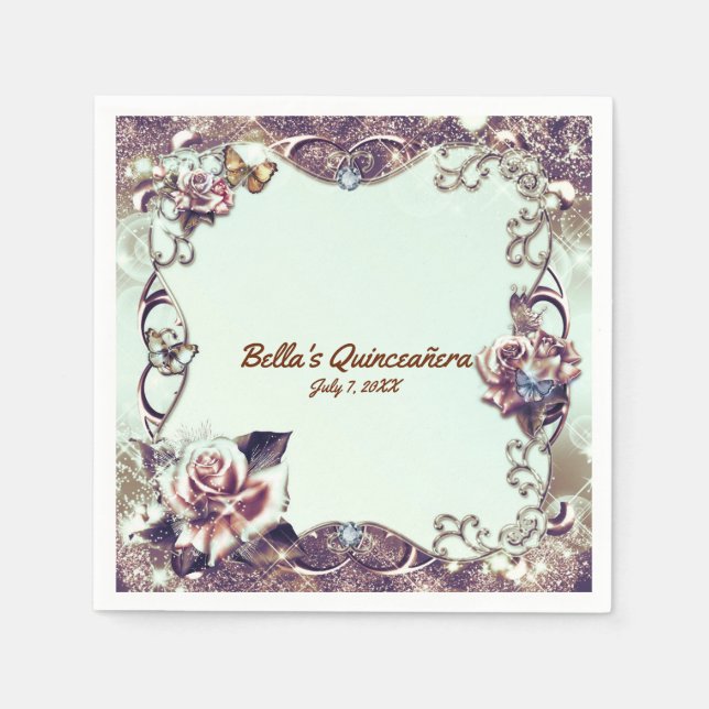 Roses & Butterflies Bronze Quinceañera Party Paper Napkins (Front)