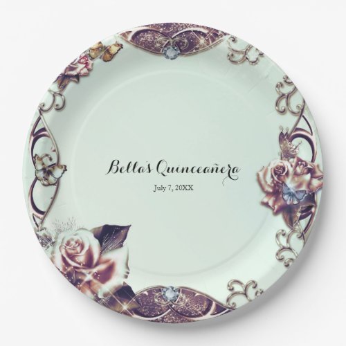 Roses  Butterflies Bronze Sparkle Party Paper Plates