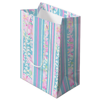 Roses Butterflies Pink Blue White Stripes Gift Bag