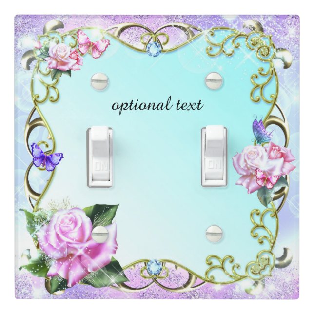 Roses & Butterflies Pink & Purple Sparkle Light Switch Cover (In Situ)