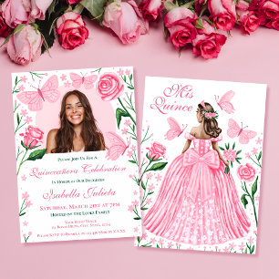 Roses + Butterflies Pink Quinceanera Photo Invita Invitation