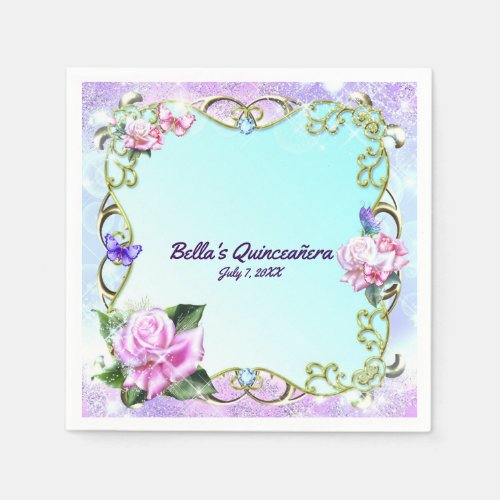 Roses  Butterflies Quinceaera Birthday Party Napkins