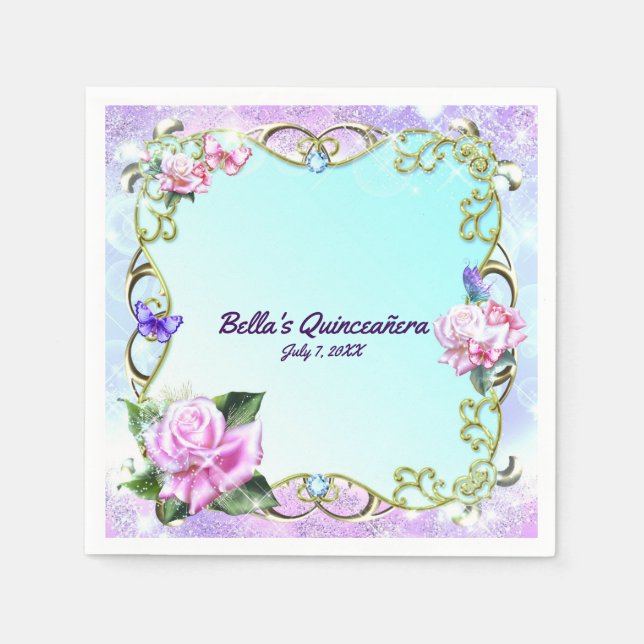Roses & Butterflies Quinceañera Birthday Party Napkins (Front)
