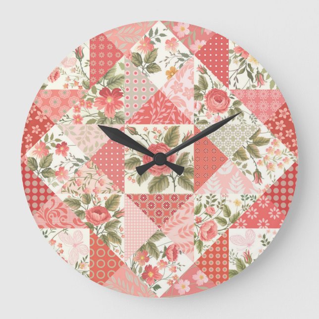 Roses Butterflies Seamless Patchwork Large Clock (Front)