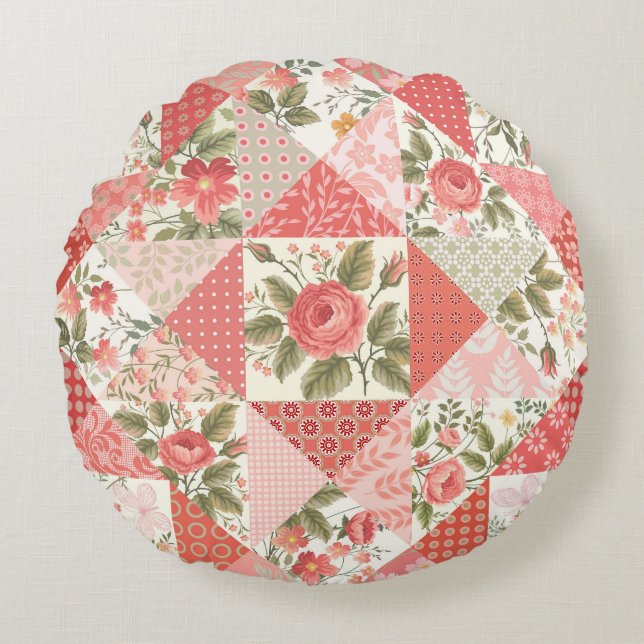 Roses Butterflies Seamless Patchwork Round Pillow (Front)