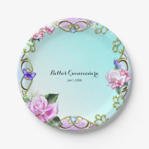 Roses & Butterflies Sparkle Birthday Party Paper Plates