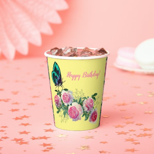 Roses Butterfly Happy Birthday Paper Cups