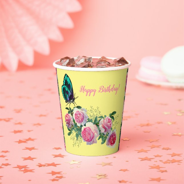 Roses Butterfly Happy Birthday Paper Cups (Insitu)