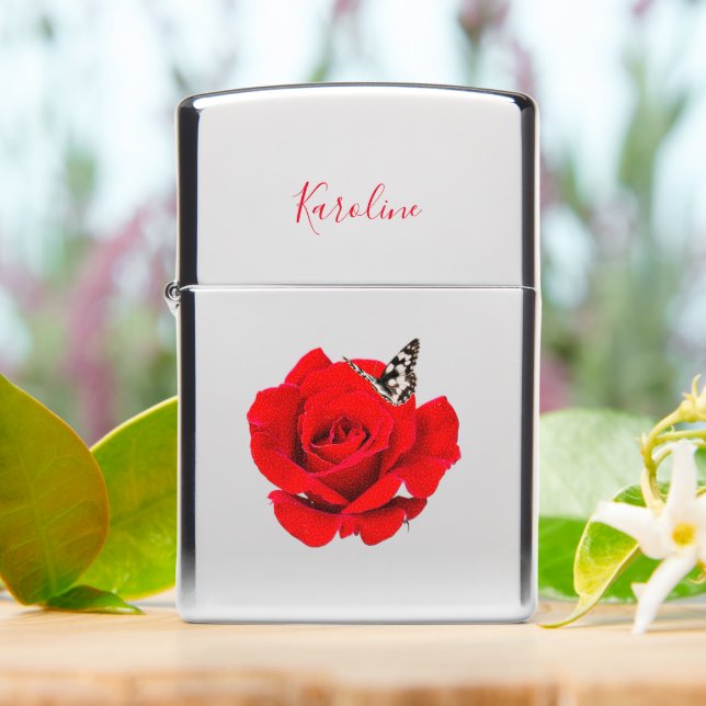 Roses Butterfly w/ Initials or Name Zippo Lighter (On Table)