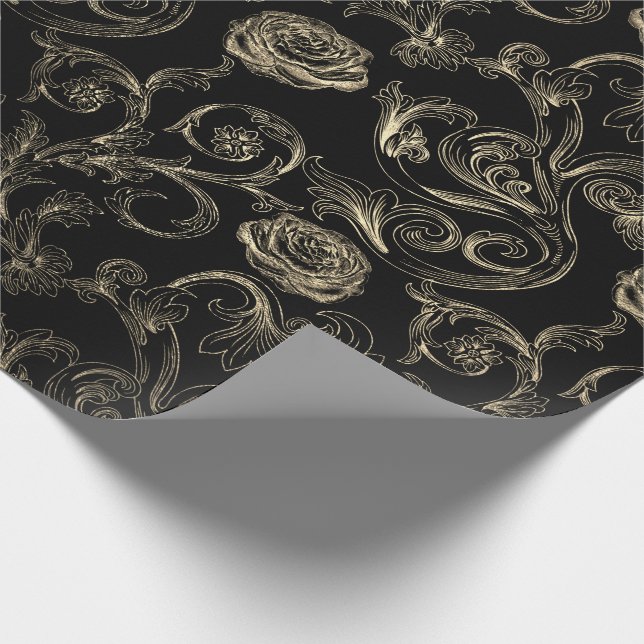 Roses Champaign Gold Classic Black Paris Wrapping Paper (Corner)
