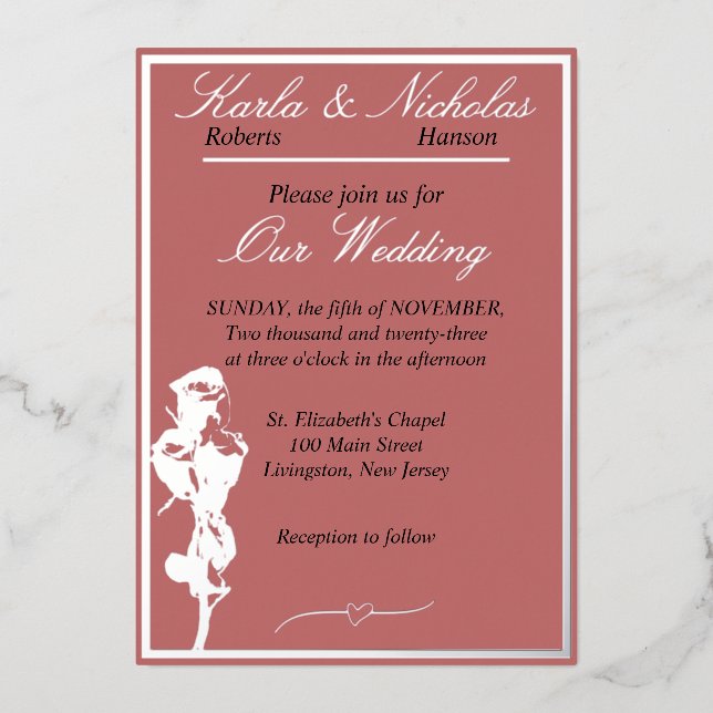 Roses, Cinnamon Rose Wedding, Silver Foil Invitation (Front)