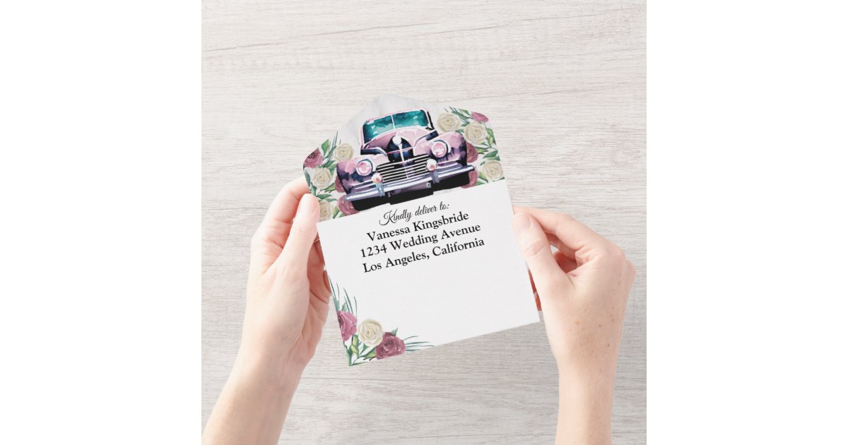 Roses classic car all in one wedding invitation | Zazzle