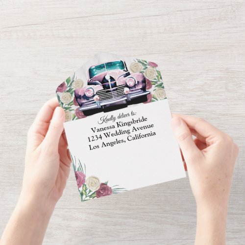 Roses classic car all in one wedding invitation