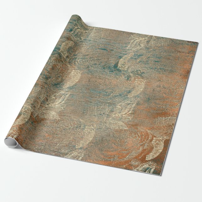 Roses Copper Orange Floral Wood Teal Gold Rustic Wrapping Paper (Unrolled)