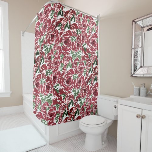 Roses Country red green vintage floral   Shower Curtain
