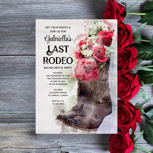 Roses Cowboy Boots Last Rodeo Bachelorette Party Invitation