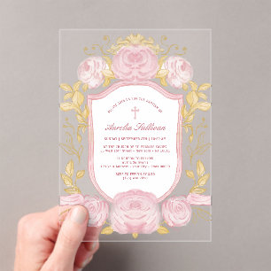 Roses Crest Baptism Acrylic Invitations