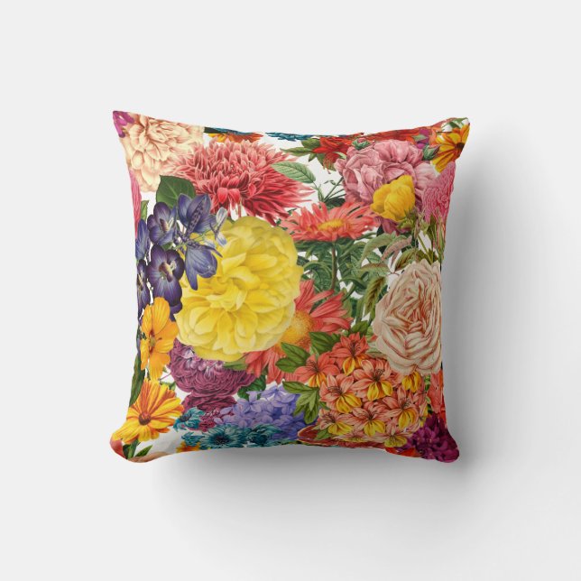 Roses, dahlia and marigold flower pattern throw pillow (Front)