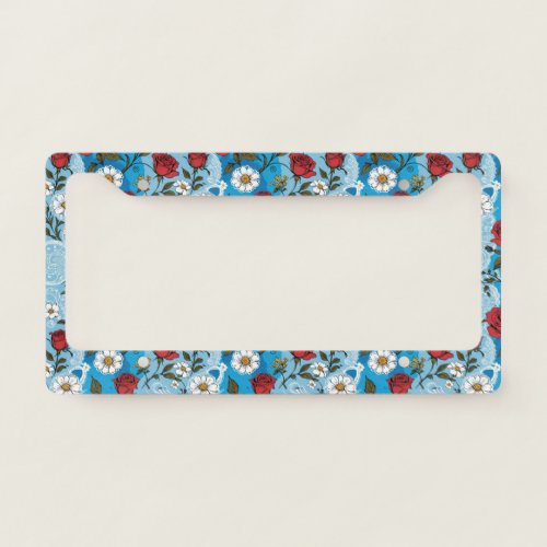 Roses Daisies and Lacy pattern Bright Blue License Plate Frame
