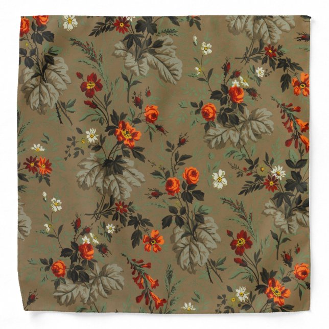Roses & Daisies Floral Pattern Antique Wallpaper Bandana (Front)