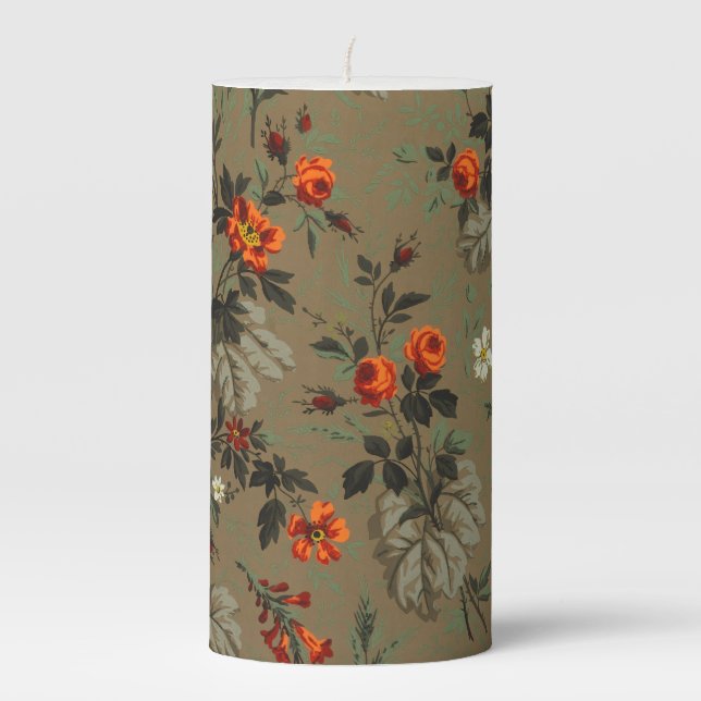 Roses & Daisies Floral Pattern Antique Wallpaper Pillar Candle (Front)