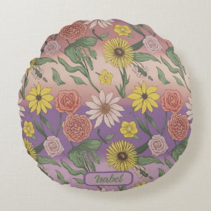 Roses, Daisies, Sunflowers And Lilies Round Pillow