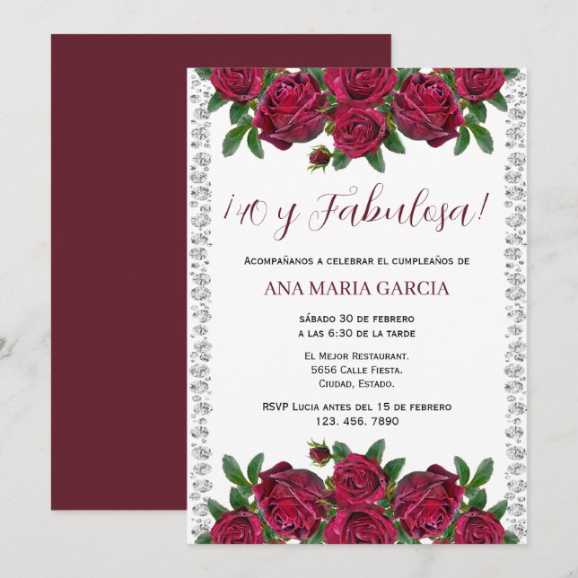 Roses & Diamonds Feminine 40th Birthday Spanish Invitation (Front/Back)