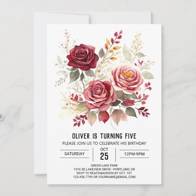 Roses Digital Burgundy Floral Birthday Invitation (Front)