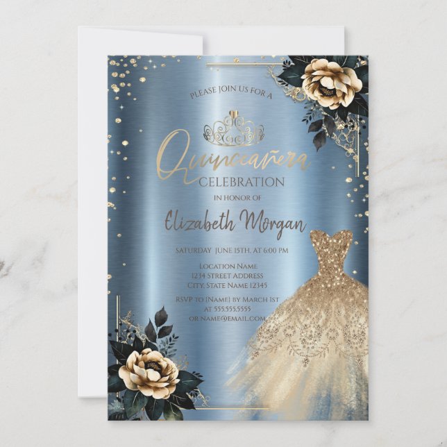 Roses Dress,Diamonds Blue Metallic Quinceañera   Invitation (Front)