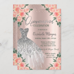 Roses,Dress,Flowers,Rose Gold Quinceañera Invitation