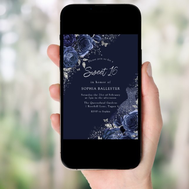 Roses & Dress Navy & Silver Sweet 16 Party Invitation (Front Digital)