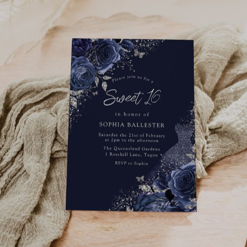 Roses  Dress Navy  Silver Sweet 16 Party Invitation