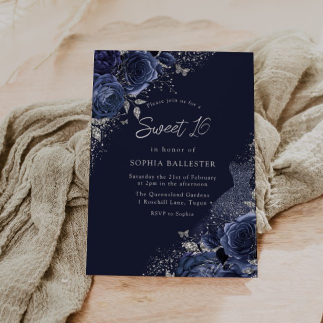 Roses & Dress Navy & Silver Sweet 16 Party Invitation (Creator Uploaded)