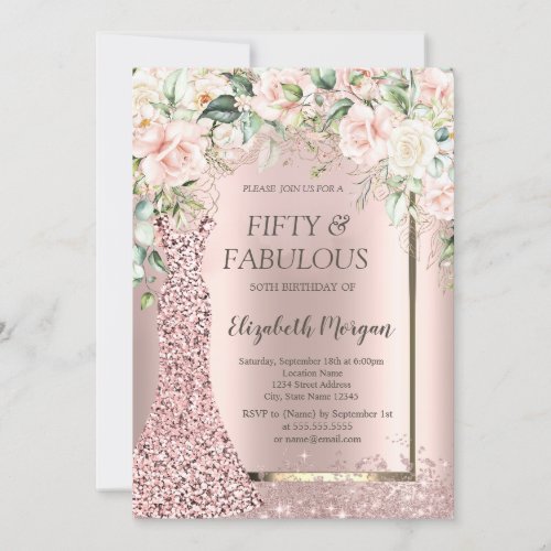 Roses Dress Rose Gold Glitter Confetti 50th  Invitation