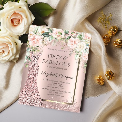 Roses Dress Rose Gold Glitter Confetti 50th  Invitation