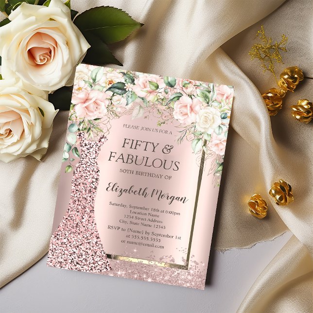 Roses Dress Rose Gold Glitter Confetti 50th  Invitation (Creator Uploaded)